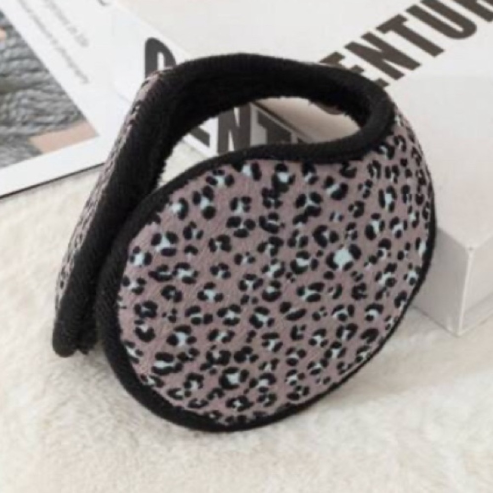 Leopard Print Ear Muffs Cuffs Plush Faux Fur Black White Gray Tan One Size 5.5”